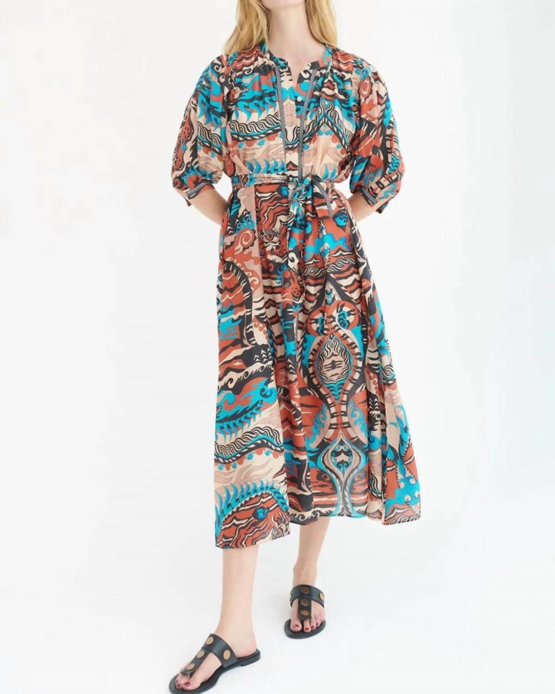 Front of a model wearing a size L Ziggy Dress in Bagha Sky in Bagha Sky by CHUFY. | dia_product_style_image_id:342662